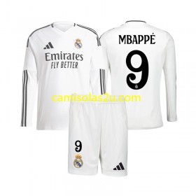 Camisolas de futebol Real Madrid Kylian Mbappé 9 Criança Equipamento Principal 2024/25 Manga Comprida